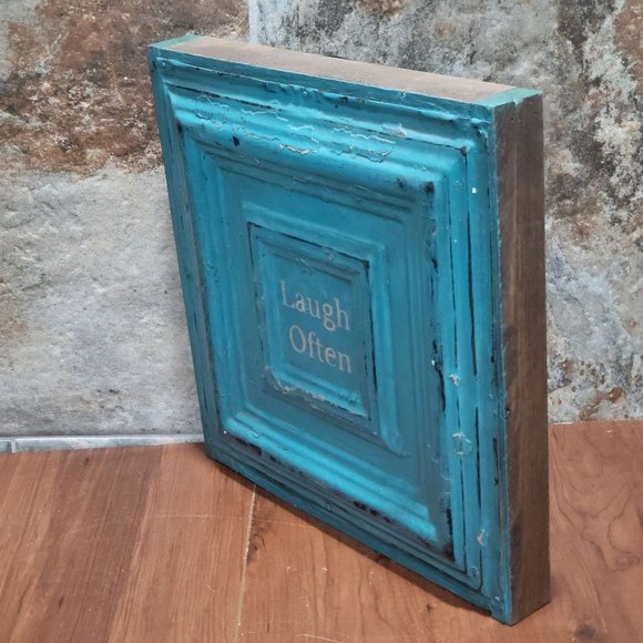 Turquoise Distressed Laugh Often Tin Metal on Wood Frame Hanging Wall Decor - Picture 10 of 11